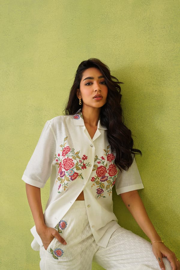 Cream Italian Modal Floral Button-Down Shirt — INCHING INDIA