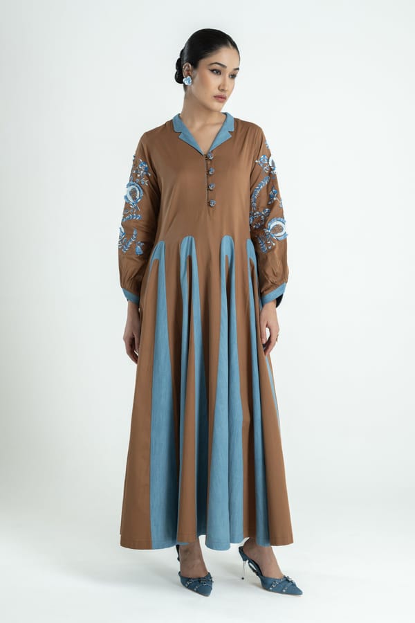 Tan and Blue Colorblocked Maxi Dress with Embroidered Sleeves — Our Love