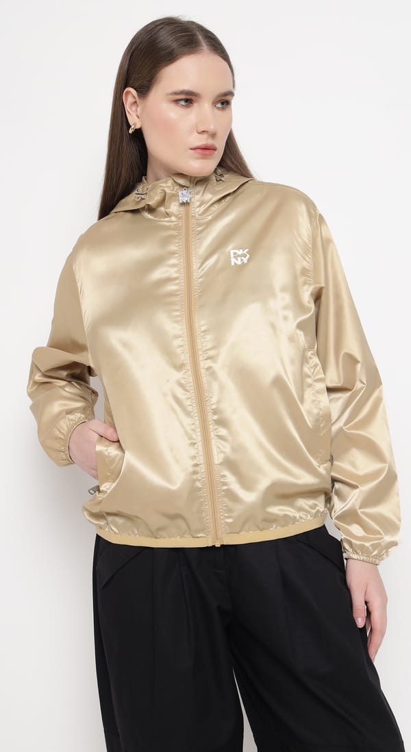 Dark Beige Hooded Zip-Front Bomber Jacket — DKNY