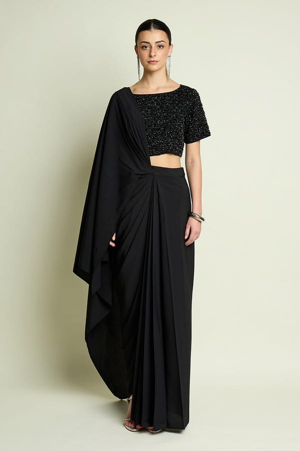 Stellar Noir Pre-Draped Saree With Blouse — Aakaar