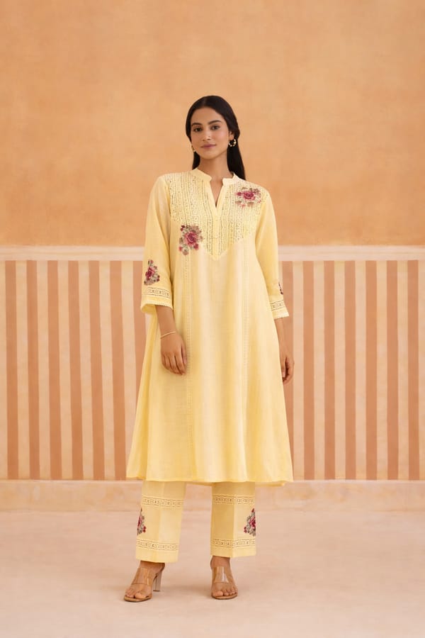 Mul Chanderi Kurta Set with V-Lace Yoke — Omi Clothing