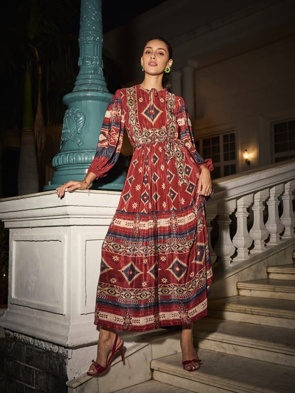 Brown Geometric Printed Fit and Flare Maxi Dress — Style Island