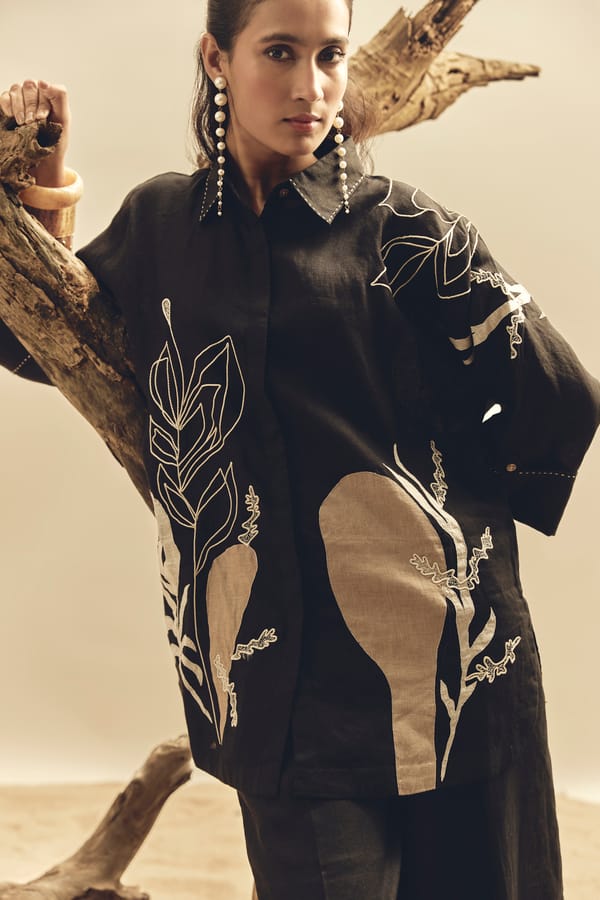 Black Linen Shirt with Botanical Placement Motif — Linen Bloom