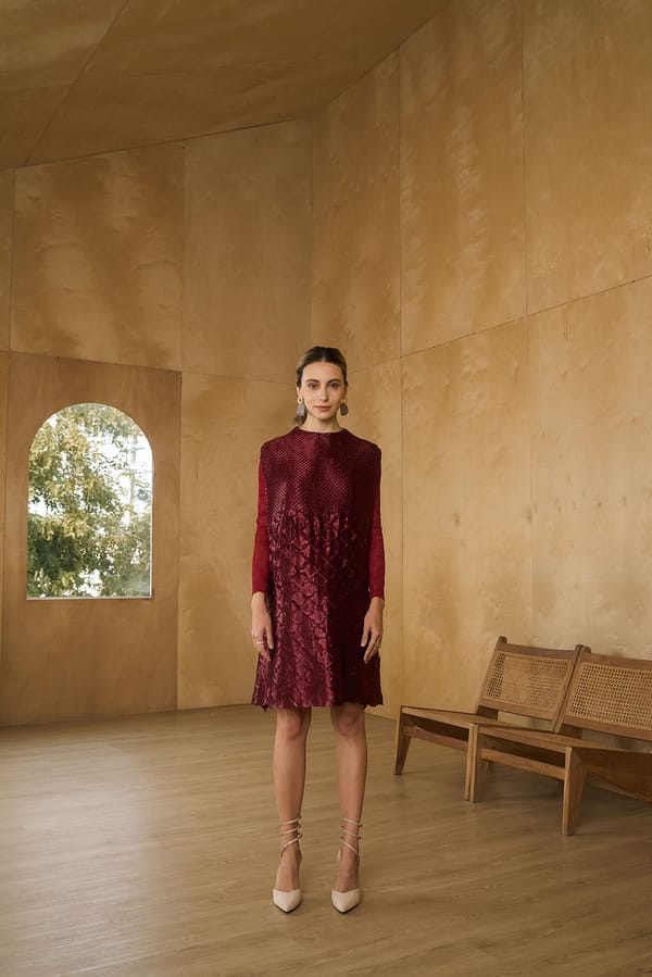 Maroon Textured Shift Knee-Length Dress with Full Sleeves — Pleats by Aruni