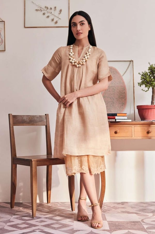 Beige Linen Midi Shift Dress with Lace Trim — YELL