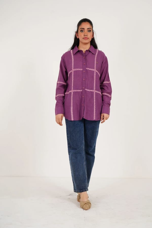 Purple Line Embroidered Oversized Shirt — Western Era