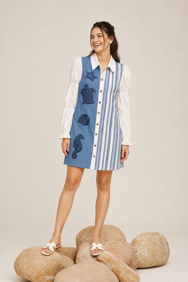 Blue Colorblock Shirt Dress with Embroidered Motifs — The Pink Lion
