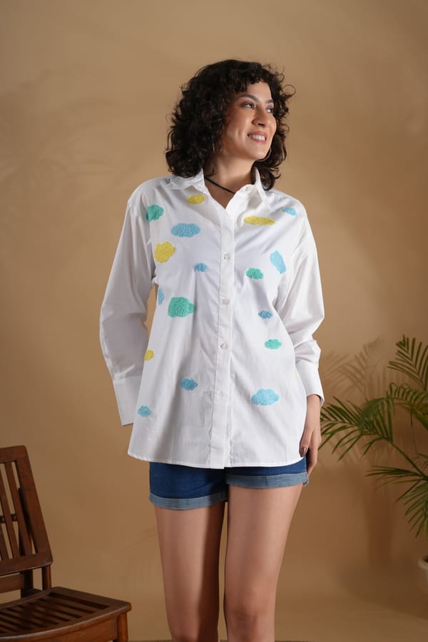White Cotton Comfort-Fit Shirt with Cloud Embroidery — Brand New Brand
