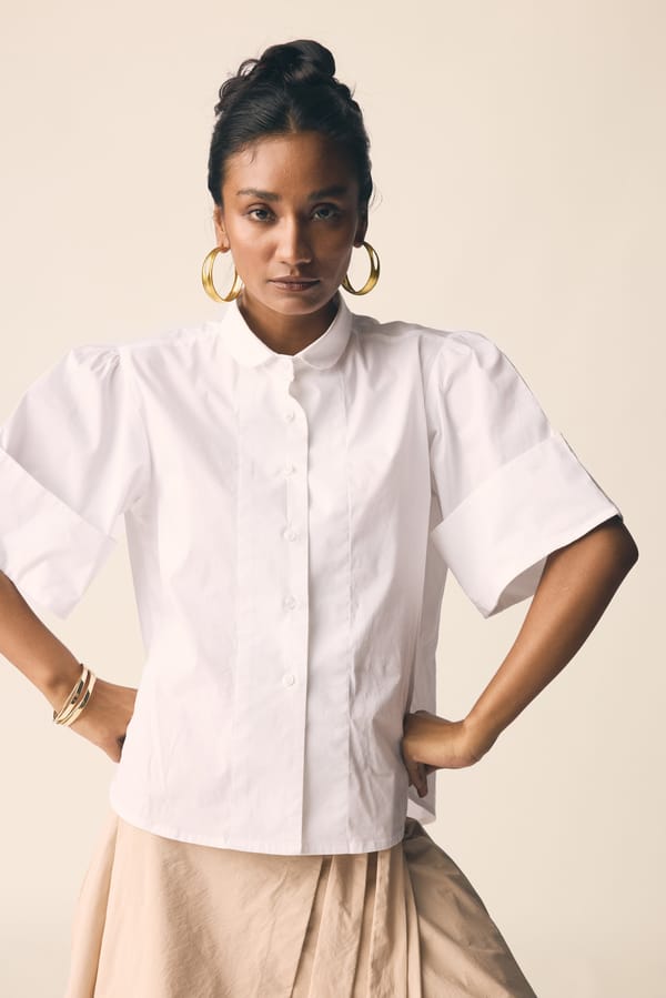White Cotton Poplin Shirt with Statement Sleeves — Unrush