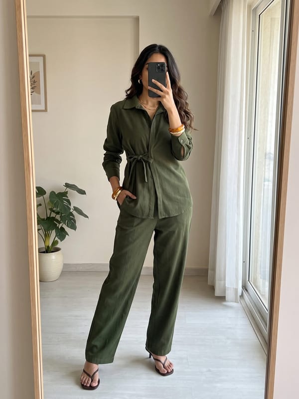 Olive Twill Tie-Up Shirt Co-Ord — Femmella