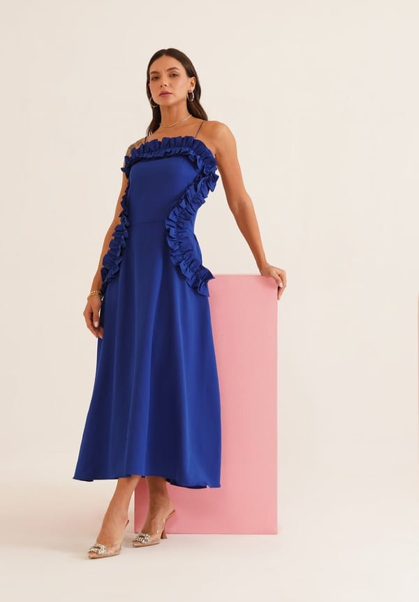 Cobalt Blue Ruffle Trim Fit and Flare Midi Dress — AMOSHI
