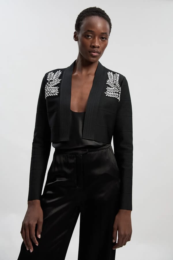 Black Cropped Lapel Jacket with Crystal Shoulder Embellishment — KAREN MILLEN
