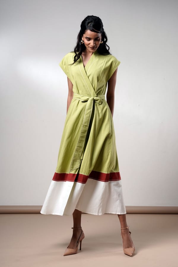 Deep Olive Wrap-Style Belted Colorblock Midi Dress — Madder Much