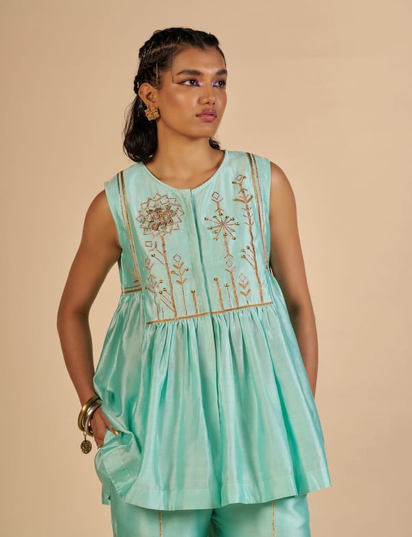 Aqua Silk Chanderi Kedia Top with Gota and Sequin Yoke — Gulabo by Abu Sandeep
