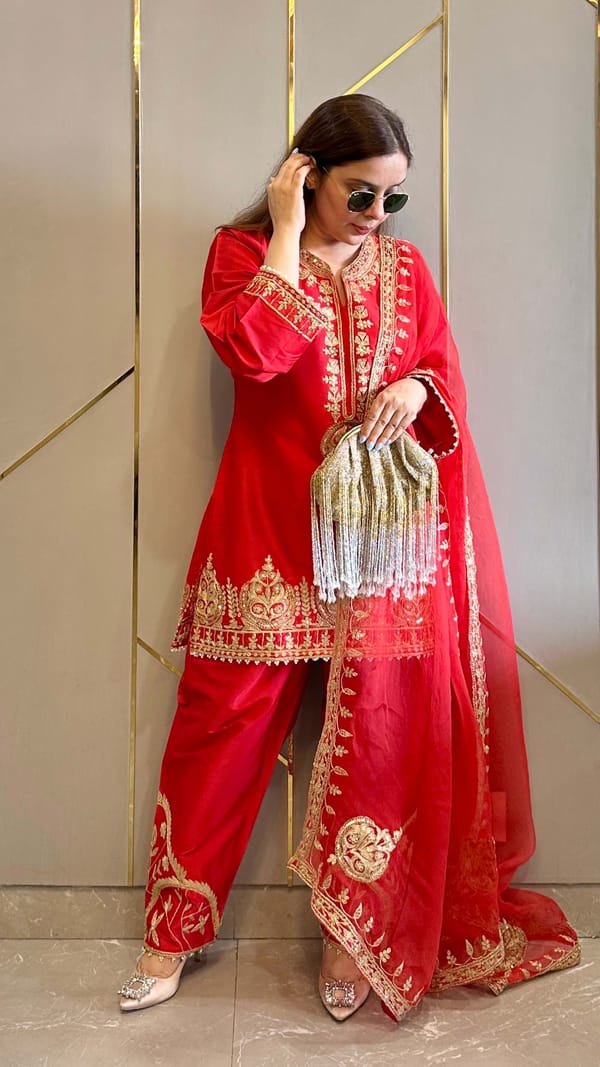 Red Hand and Dori Embroidered Short Phiran Suit — Kylee Fashions