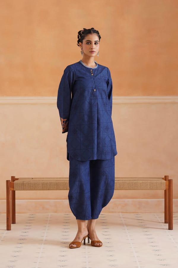 Sarah Cotton Denim Emb Set With Barrel Pants — NEETIKA CHOPRA