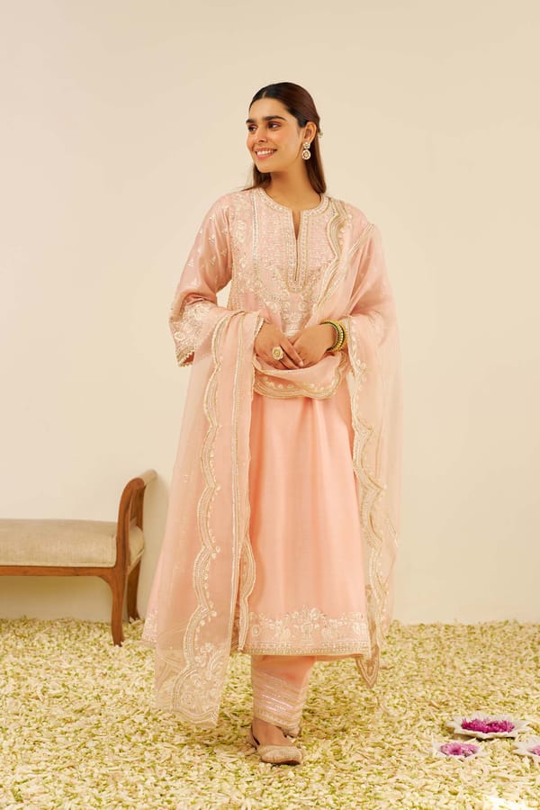 Off Rose Embroidered Long Chauga Kurta Set with Salwar — Sheetal Batra