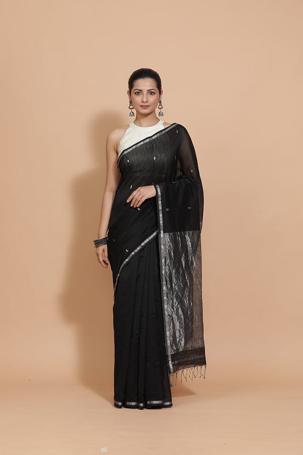 Maheshwari Cotton Silk Black Chameli Butta Silver — BINKS