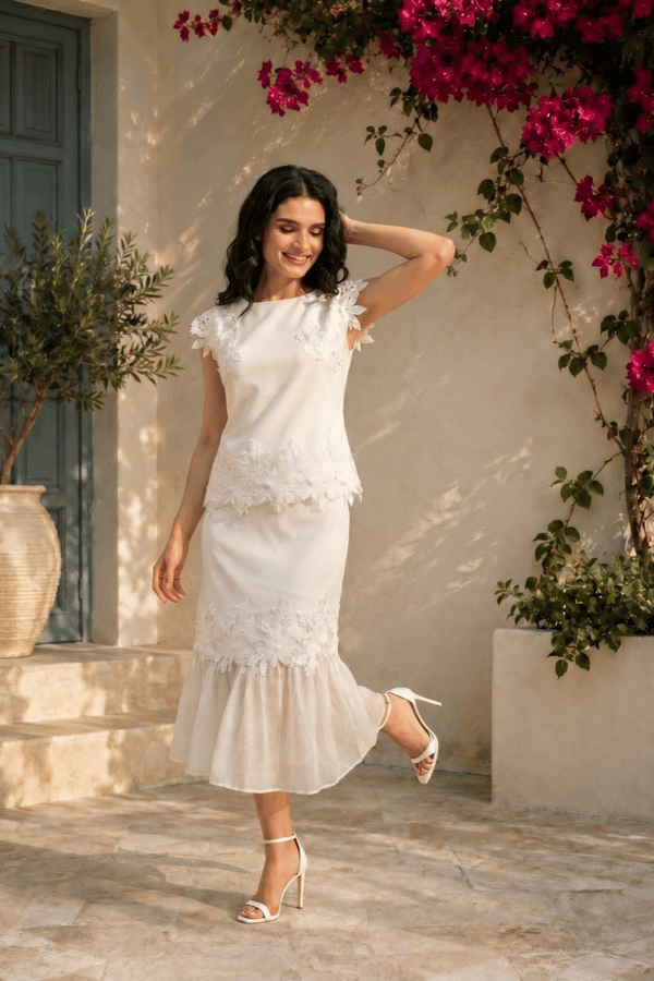 White Lace Appliqué Top and Midi Skirt Co-ord Set — ANYSA