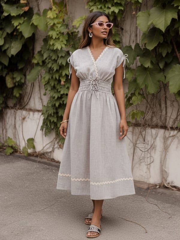 Grey Linen Fit and Flare Midi Dress with Smocked Waist — HOUSE OF FETT