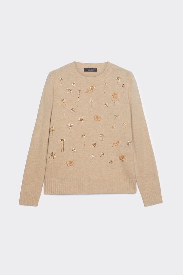 Beige Wool Embroidered and Embellished Pullover Sweater — ELENA MIRO