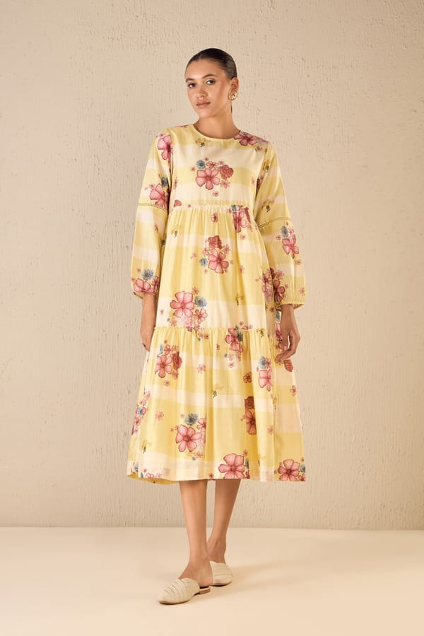 Floral Fusion: Yellow & White Floral Tier Dress — SHIVANI BHARGAVA