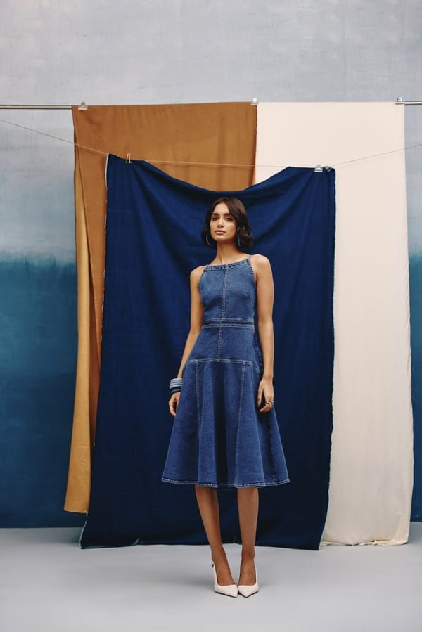 Mid Blue Denim Halter Neck Fit and Flare Midi Dress — quietBOLD