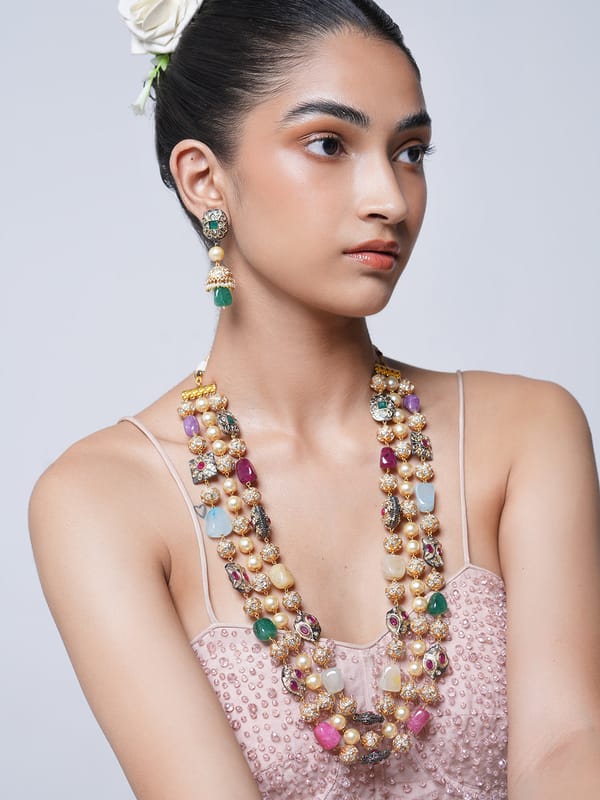 Long Triple Layered Multicolor Mala Set — Cao Jewellery