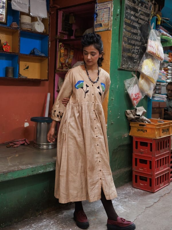 Natural Honey Checked Smock Midi Dress with Poppy Embroidery — Winglore Studio