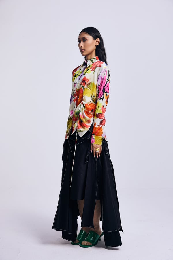 Floral Print Satin Shirt with One-Side Tie Detail — Corpora Studio