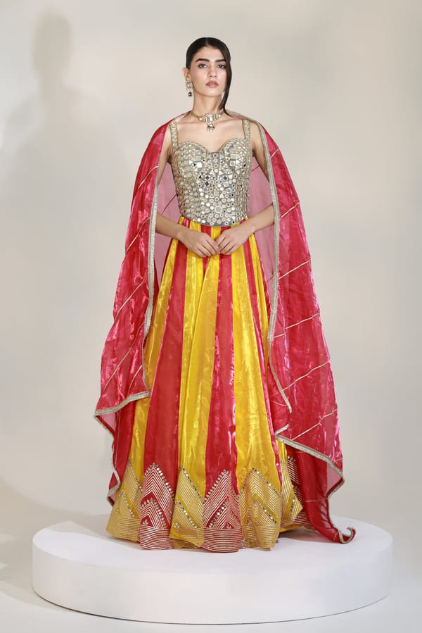 Mirage Colour Blocked Lehenga — LIBAS CAFE