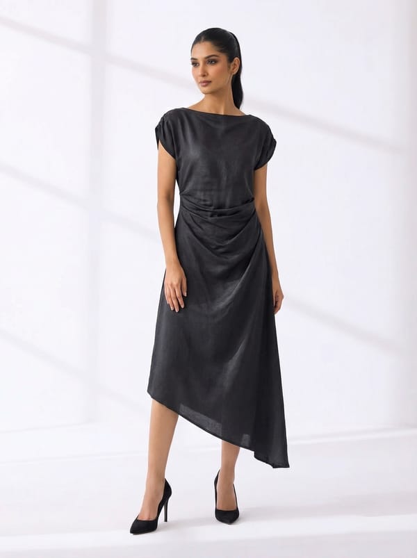 Linen Satin Blend Asymmetrical Pleated Dress — Shop Staple