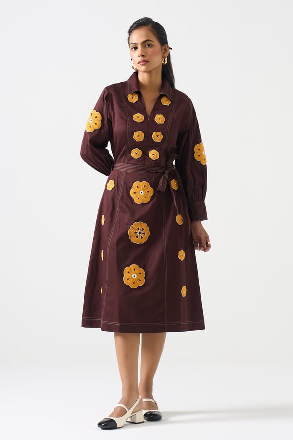 Brown Floral Applique Belted Midi Shirt Dress — STITCH STORIES
