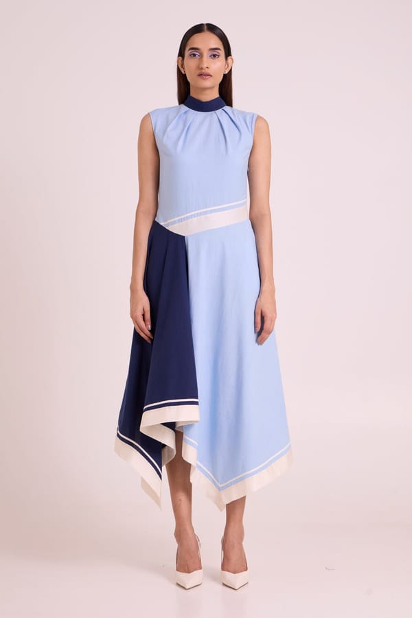 Ice Blue and Navy Colorblock Asymmetrical Midi Dress — Madder Much