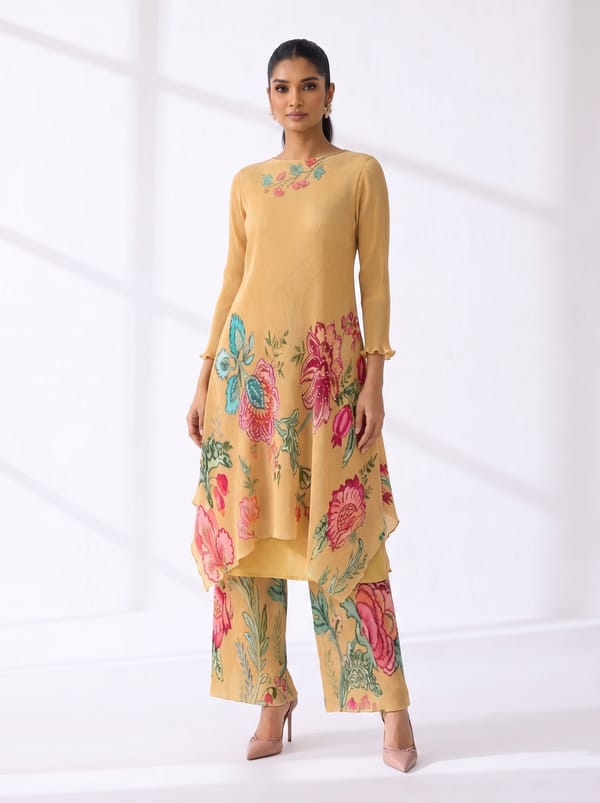 Yellow Floral Printed A-Line Kurta Set with Layered Hem — PREETI MEHTA