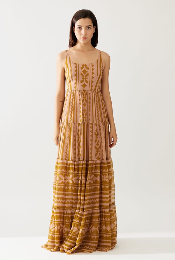 Pink And Mustard Dual Tone Sleeveless Long Dress — KoAi
