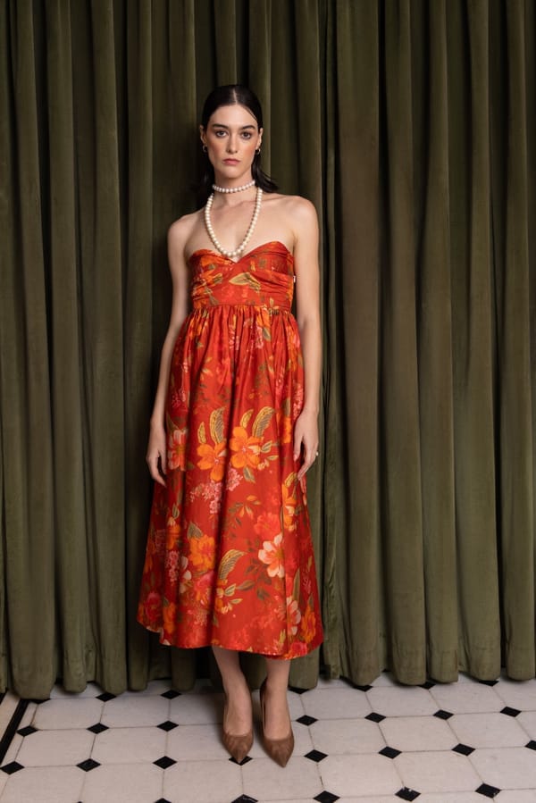 Scarlet Red Strapless Floral Print Cotton Satin Midi Dress — Sage by Mala