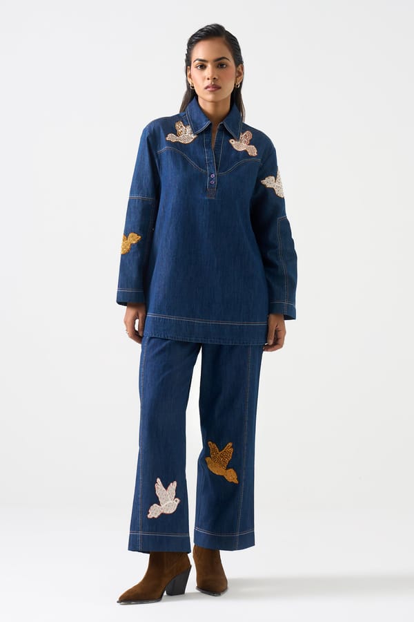 Denim Blue Bird Embroidered Tunic-Length Shirt — STITCH STORIES