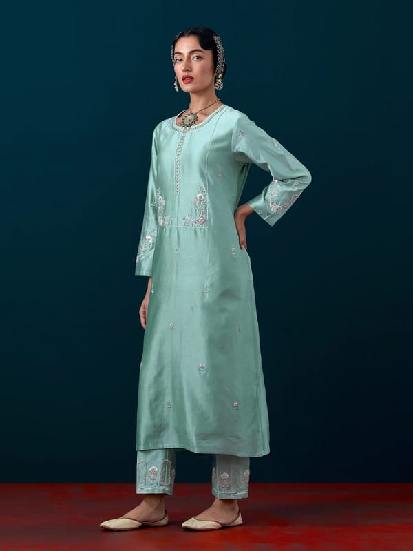 Dull Blue Silk Chanderi Embroidered Yoke Straight Kurta — Anantaa
