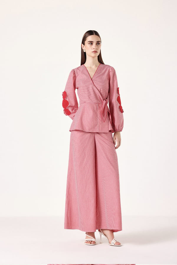 Red Gingham Wrap Top and Palazzo Pants Co-ord Set — Muvazo