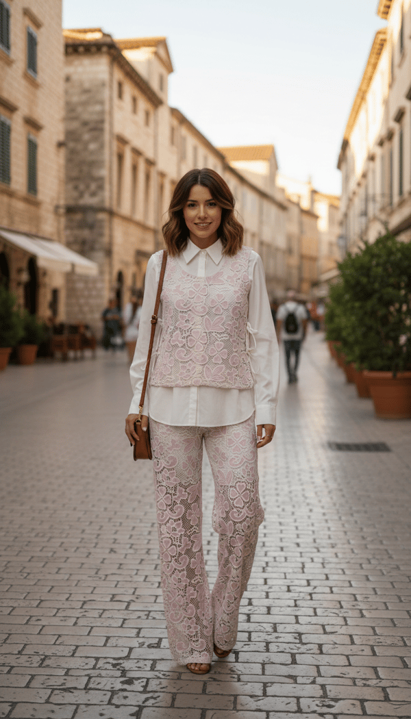 Pink and Off-White Lace Shirt and Wide-Leg Co-ord Set — DODO & MOA