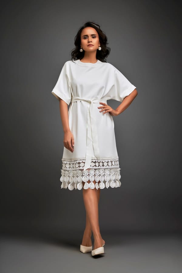 Dress With Belted Waist And Metallic Geometric Hemline — Deepika Arora