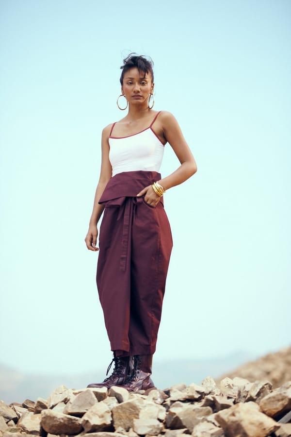 Deep Wine Cotton Twill Wrap Midi Skirt with Tie Waist — Unrush