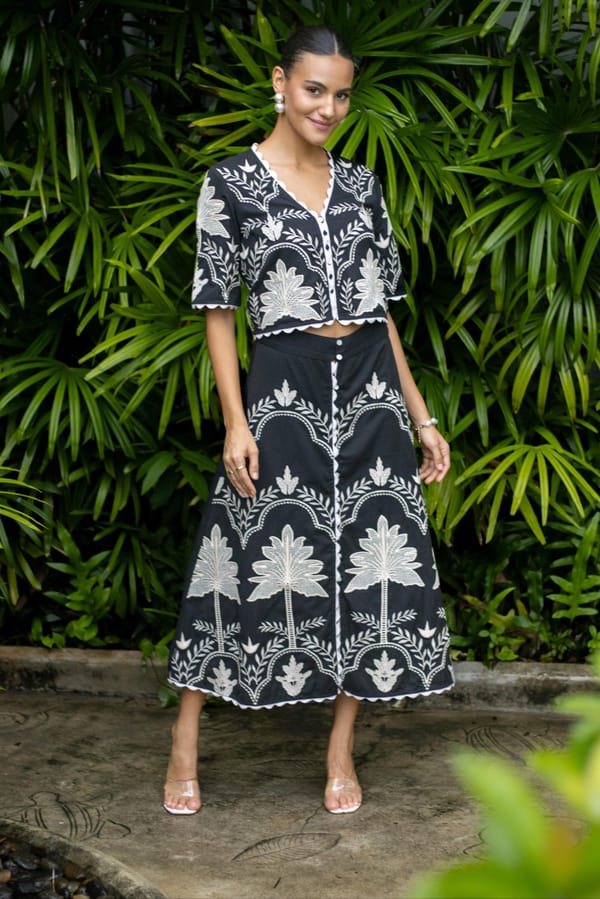 Monochrome Linen Embroidered Blouse and Midi Skirt Co-ord Set — BOHO-CHIC