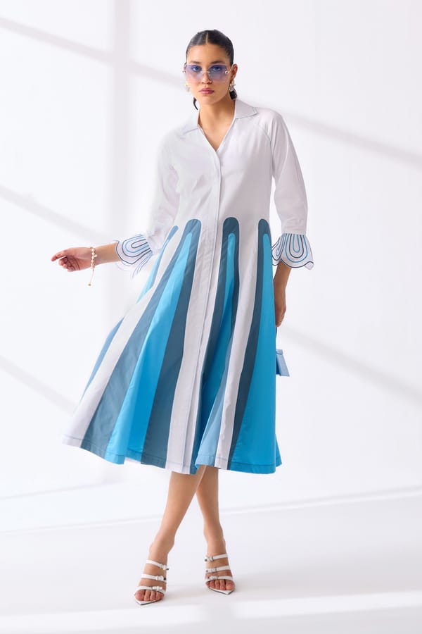 White Colorblock Fit and Flare Midi Shirt Dress — Our Love