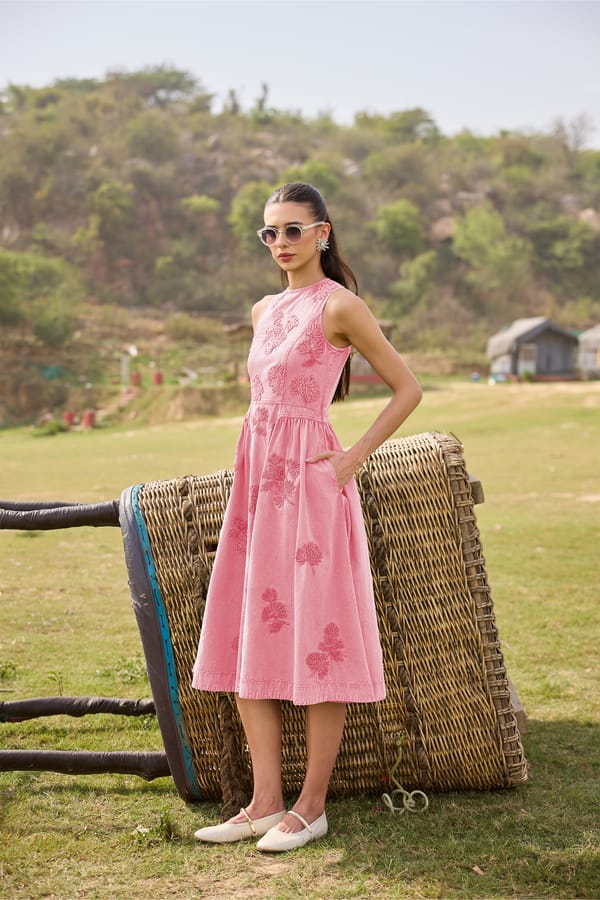 Pink Denim Fit and Flare Midi Dress — KAY KAY