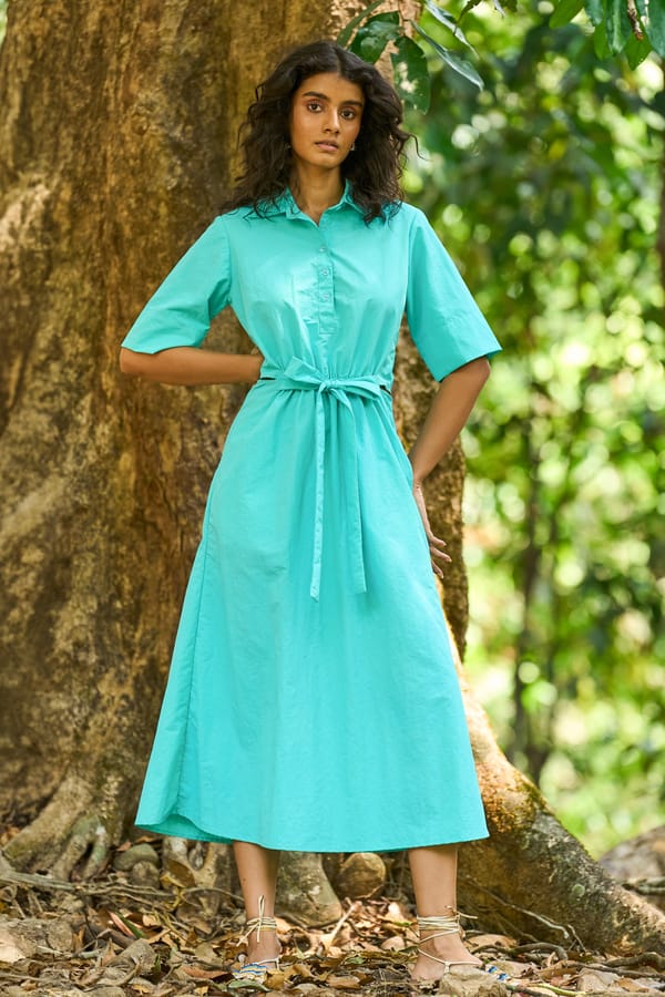 Aqua Blue A-Line Midi Shirt Dress with Waist Tie — Dash and Dot