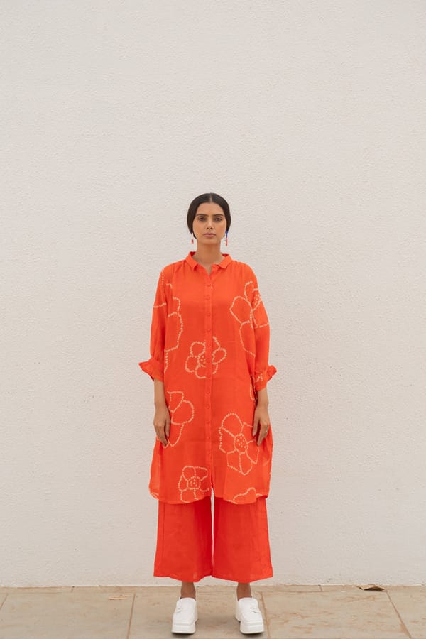 Burnt Orange Bandhani Tunic and Wide-Leg Pants Co-ord Set — Silai studio