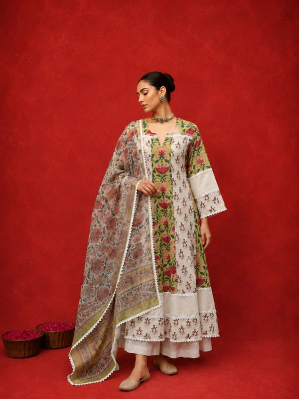 Naseebo Gulbahar Block Printed Anarkali Kurta Set — Naseebo