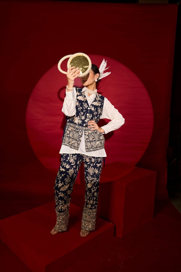 Blue Embroidered Waistcoat and Pants Co-ord Set — TASUVURE